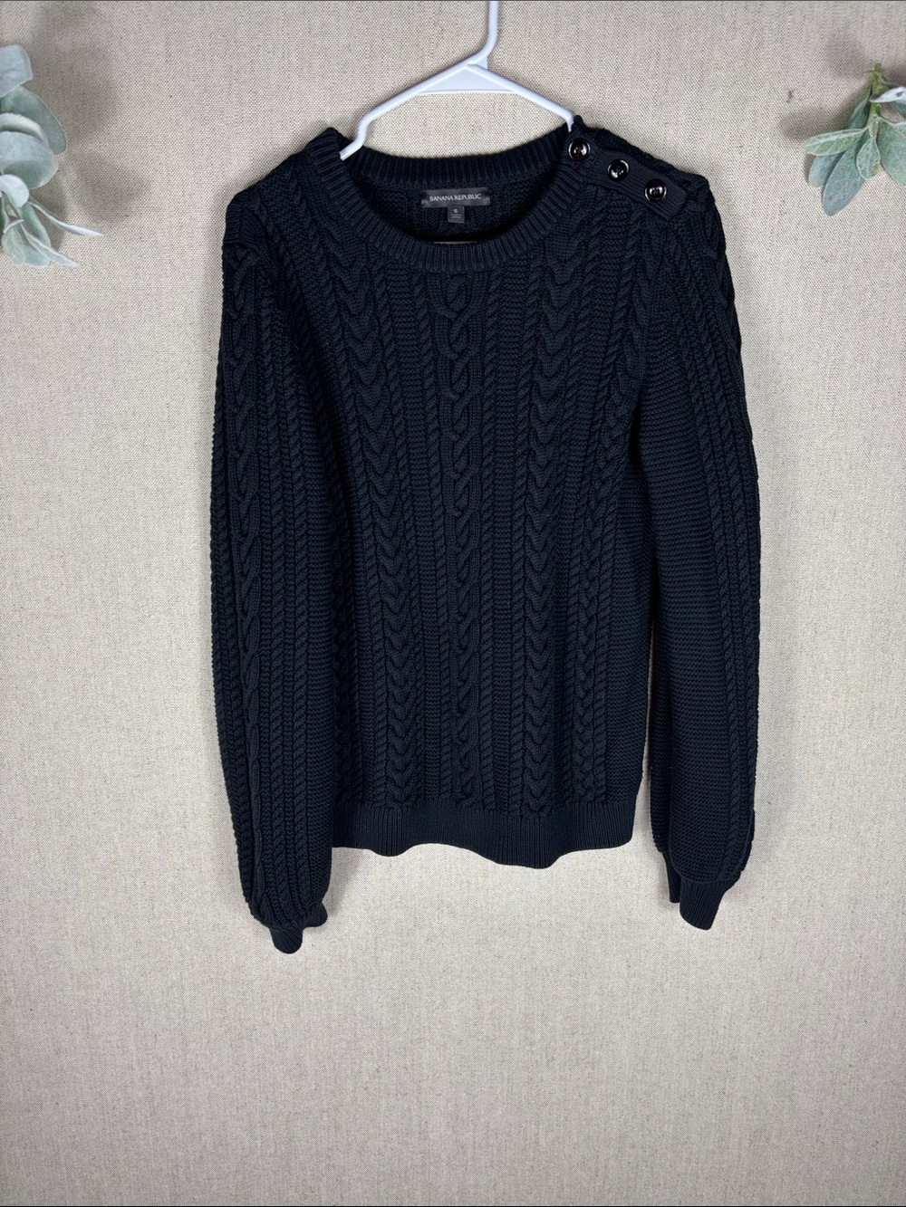 Banana Republic > Black Cable-Knit Crewneck Sweater with Shoulder Buttons Small